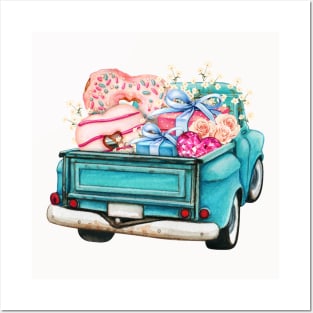 VINTAGE RETRO PICKUP TRUCK WITH CELEBRATION SWEET TREATS AND GIFTS Posters and Art